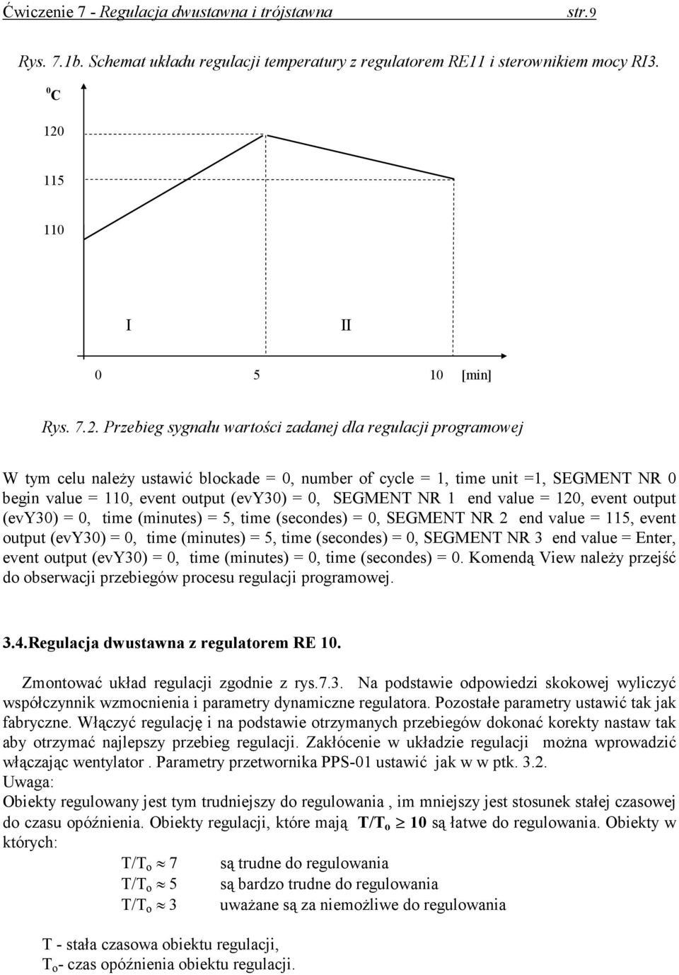 Przebieg sygnału warości zadanej dla regulacji prograowej W y celu naleŝy usawić blockade = 0, nuber of cycle = 1, ie uni =1, SEGMENT NR 0 begin value = 110, even oupu (evy30) = 0, SEGMENT NR 1 end