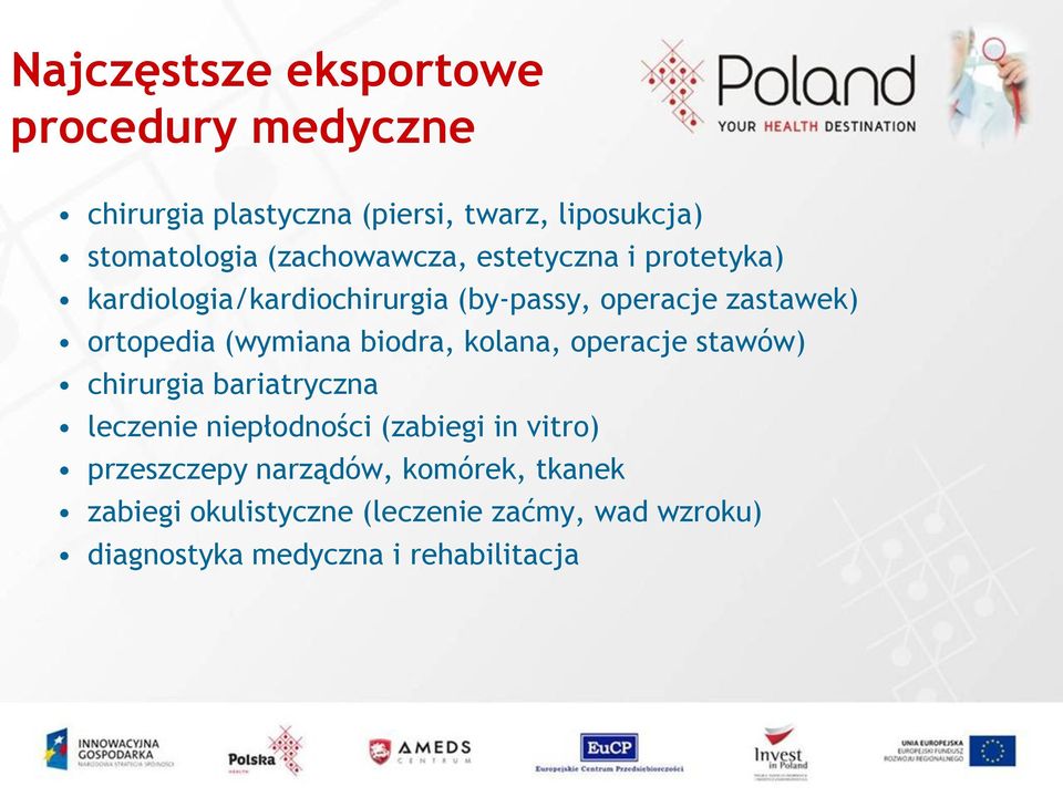 (wymiana biodra, kolana, operacje stawów) chirurgia bariatryczna leczenie niepłodności (zabiegi in vitro)