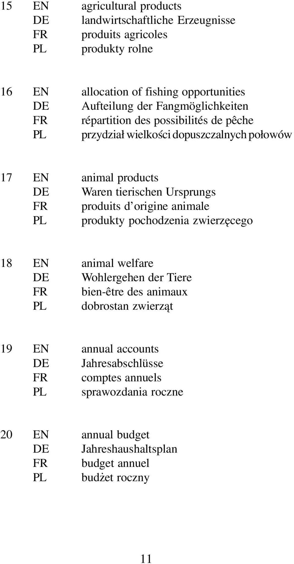 FR produits d origine animale PL produkty pochodzenia zwierzêcego 18 EN animal welfare DE Wohlergehen der Tiere FR bien-être des animaux PL dobrostan zwierz¹t