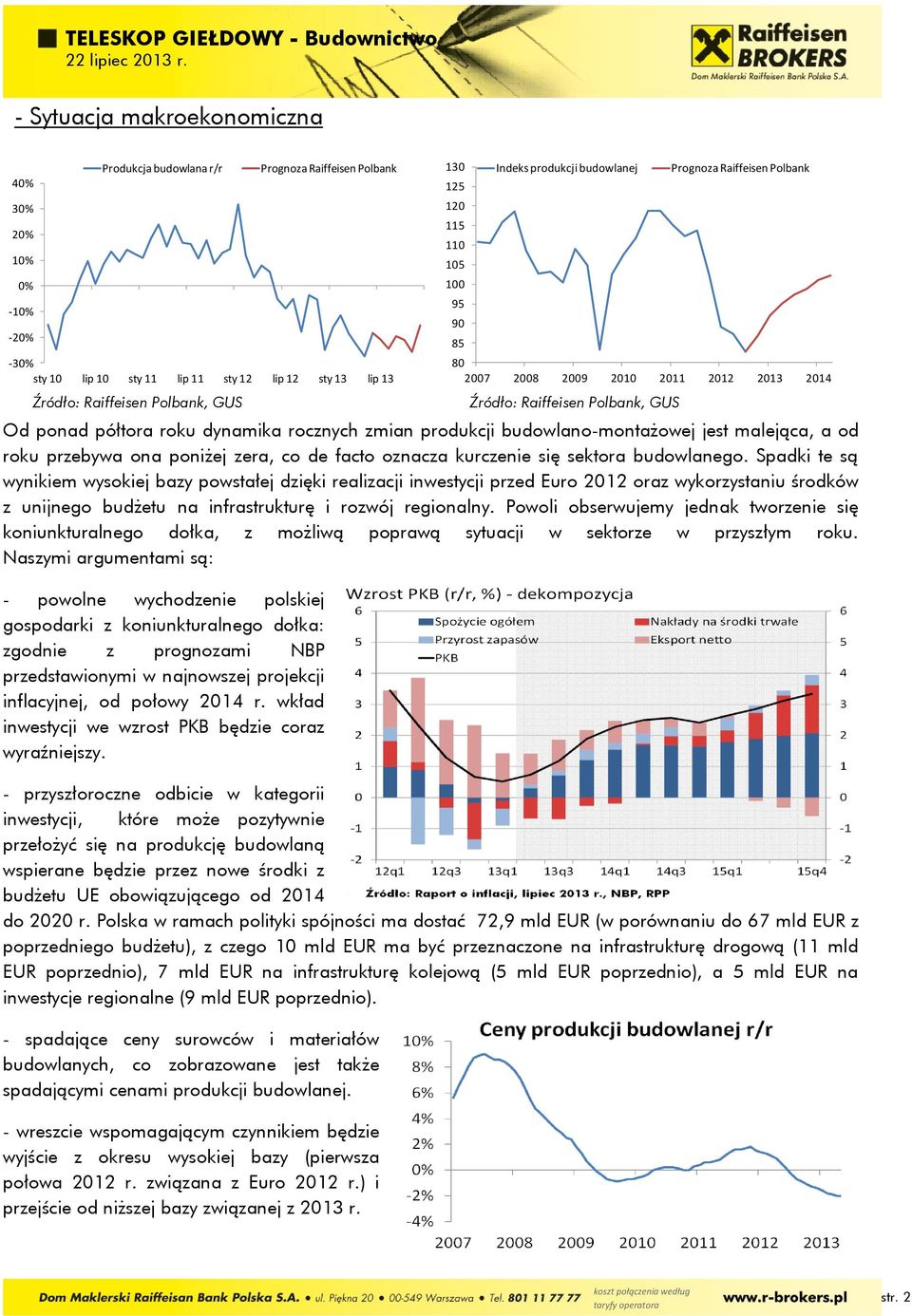 12 115 11 15 1 95 9 85 Indeks produkcji budowlanej Prognoza Raiffeisen Polbank 8 27 28 29 21 211 212 213 214 Od ponad półtora roku dynamika rocznych zmian produkcji budowlano-montażowej jest