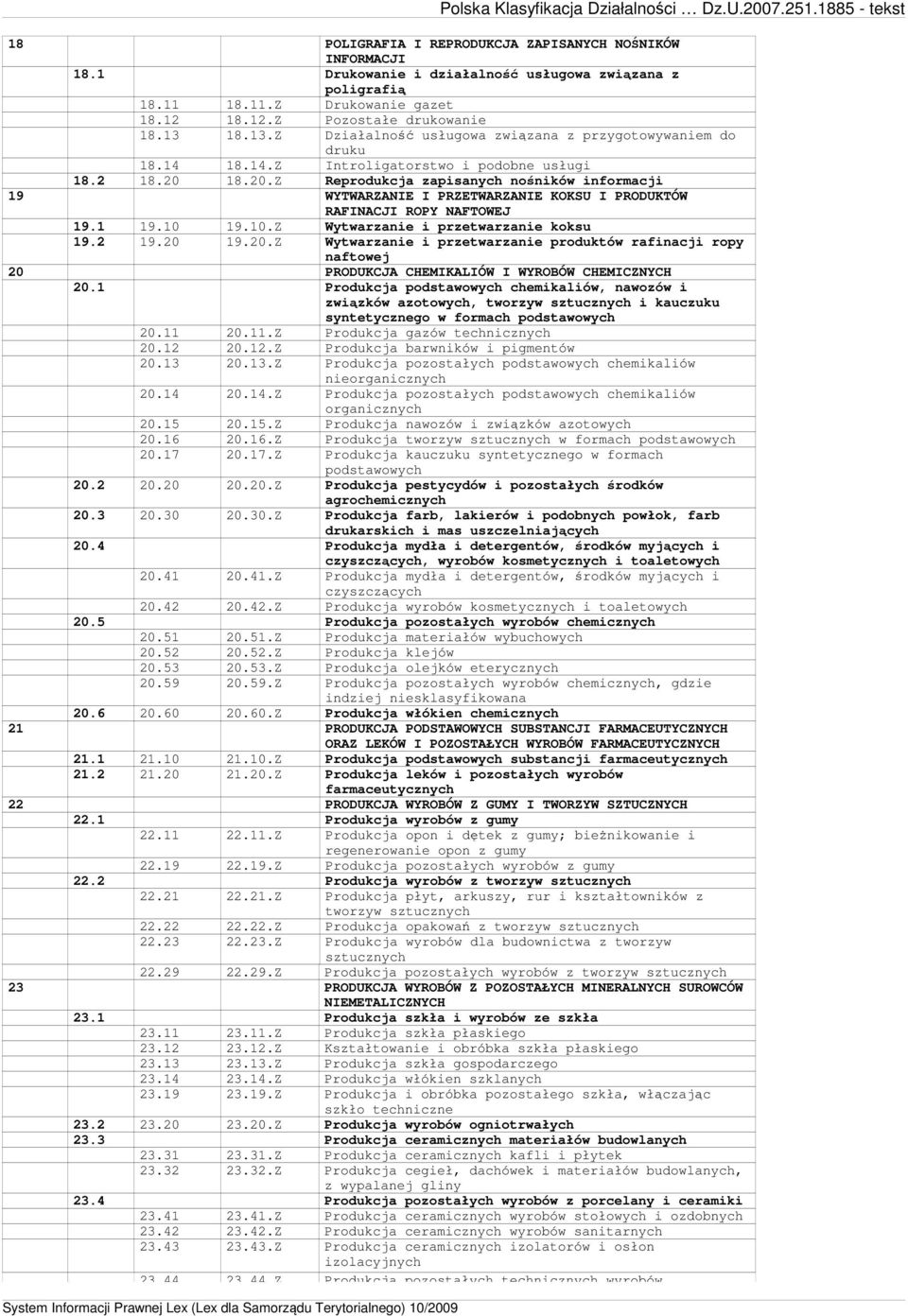 18.20.Z Reprodukcja zapisanych nośników informacji 19 WYTWARZANIE I PRZETWARZANIE KOKSU I PRODUKTÓW RAFINACJI ROPY NAFTOWEJ 19.1 19.10 19.10.Z Wytwarzanie i przetwarzanie koksu 19.2 19.20 19.20.Z Wytwarzanie i przetwarzanie produktów rafinacji ropy naftowej 20 PRODUKCJA CHEMIKALIÓW I WYROBÓW CHEMICZNYCH 20.