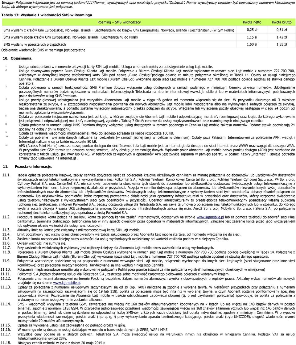 Tabela 17: Wysłanie 1 wiadomości SMS w Roamingu Roaming SMS wychodzący Sms wysłany z krajów Unii Europejskiej, Norwegii, Islandii i Liechtensteinu do krajów Unii Europejskiej, Norwegii, Islandii i