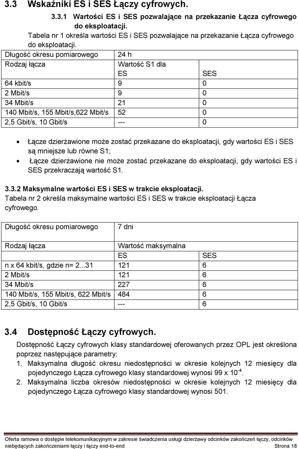 Długość okresu pomiarowego 24 h Rodzaj łącza Wartość S1 dla ES SES 64 kbit/s 9 0 2 Mbit/s 9 0 34 Mbit/s 21 0 140 Mbit/s, 155 Mbit/s,622 Mbit/s 52 0 2,5 Gbit/s, 10 Gbit/s --- 0 Łącze dzierżawione może