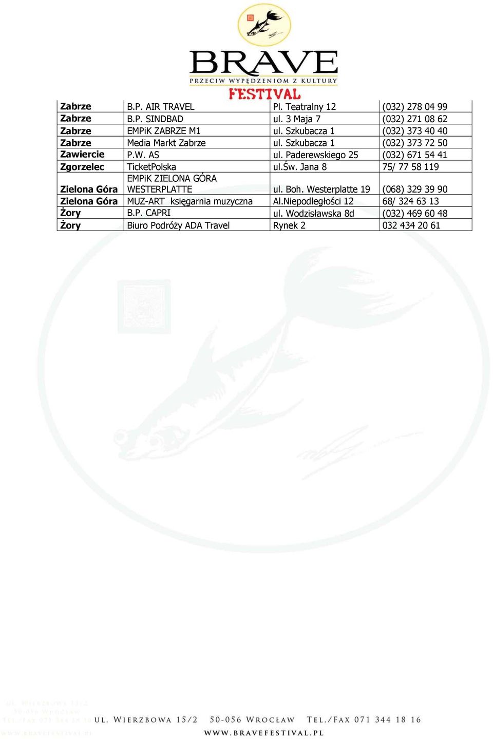 Paderewskiego 25 (032) 671 54 41 Zgorzelec TicketPolska ul.św. Jana 8 75/ 77 58 119 Zielona Góra EMPiK ZIELONA GÓRA WESTERPLATTE ul. Boh.