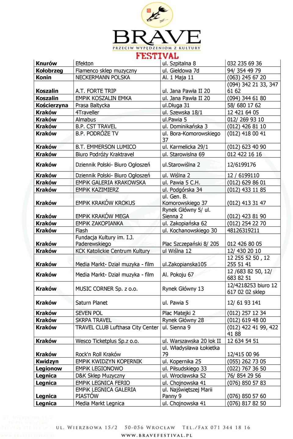 Szewska 18/1 12 421 64 05 Kraków Almabus ul.pawia 5 012/ 269 93 10 Kraków B.P. CST TRAVEL ul. Dominikańska 3 (012) 426 81 10 Kraków B.P. PODRÓŻE TV ul. Bora-Komorowskiego (012) 418 00 41 37 Kraków B.