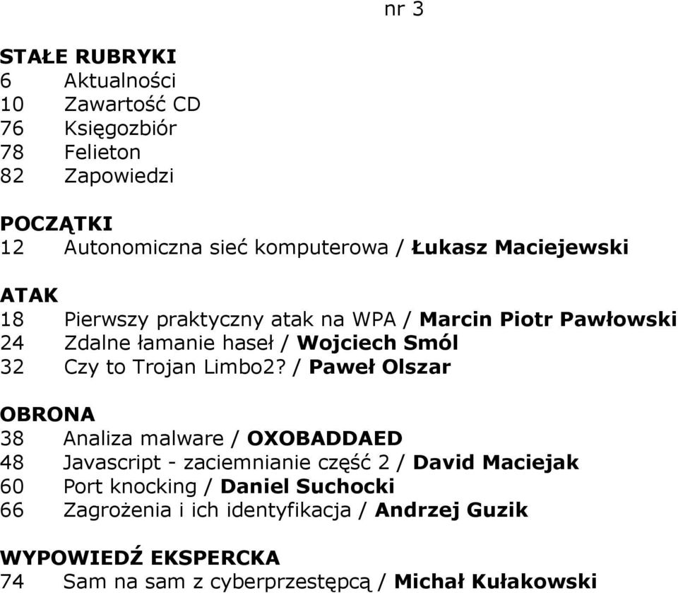 / Paweł Olszar 38 Analiza malware / OXOBADDAED 48 Javascript - zaciemnianie część 2 / David Maciejak 60 Port