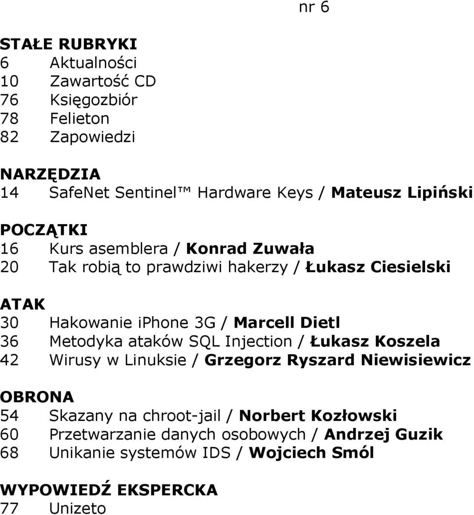 Injection / Łukasz Koszela 42 Wirusy w Linuksie / Grzegorz Ryszard Niewisiewicz 54 Skazany na chroot-jail / Norbert