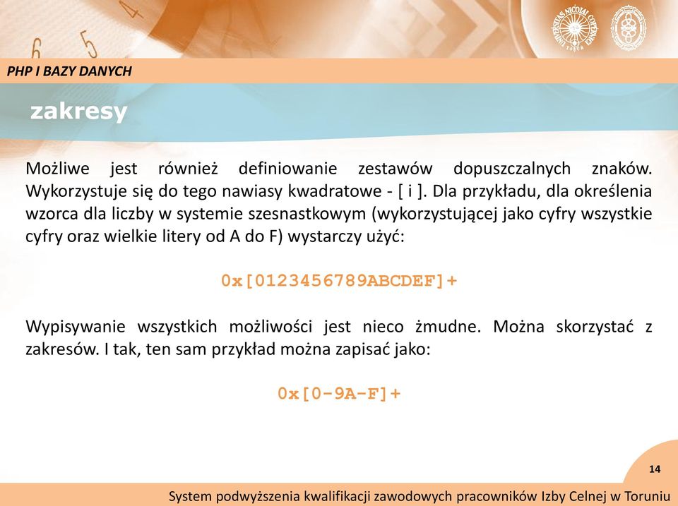 Dla przykładu, dla określenia wzorca dla liczby w systemie szesnastkowym (wykorzystującej jako cyfry wszystkie