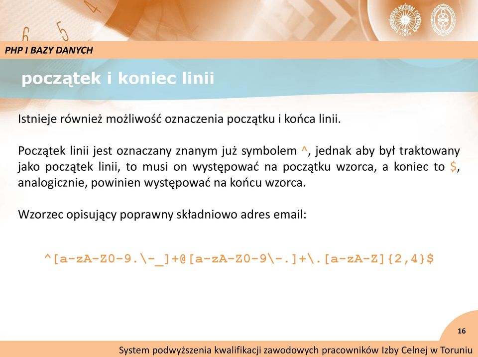 to musi on występowad na początku wzorca, a koniec to $, analogicznie, powinien występowad na koocu