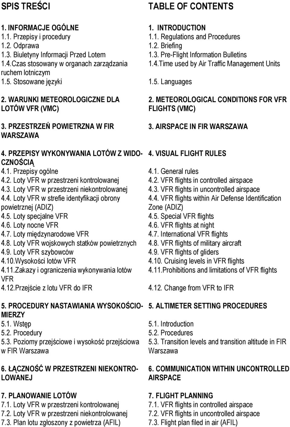 4. Loty VFR w strefie identyfikacji obrony powietrznej (ADIZ) 4.5. Loty specjalne VFR 4.6. Loty nocne VFR 4.7. Loty międzynarodowe VFR 4.8. Loty VFR wojskowych statków powietrznych 4.9.