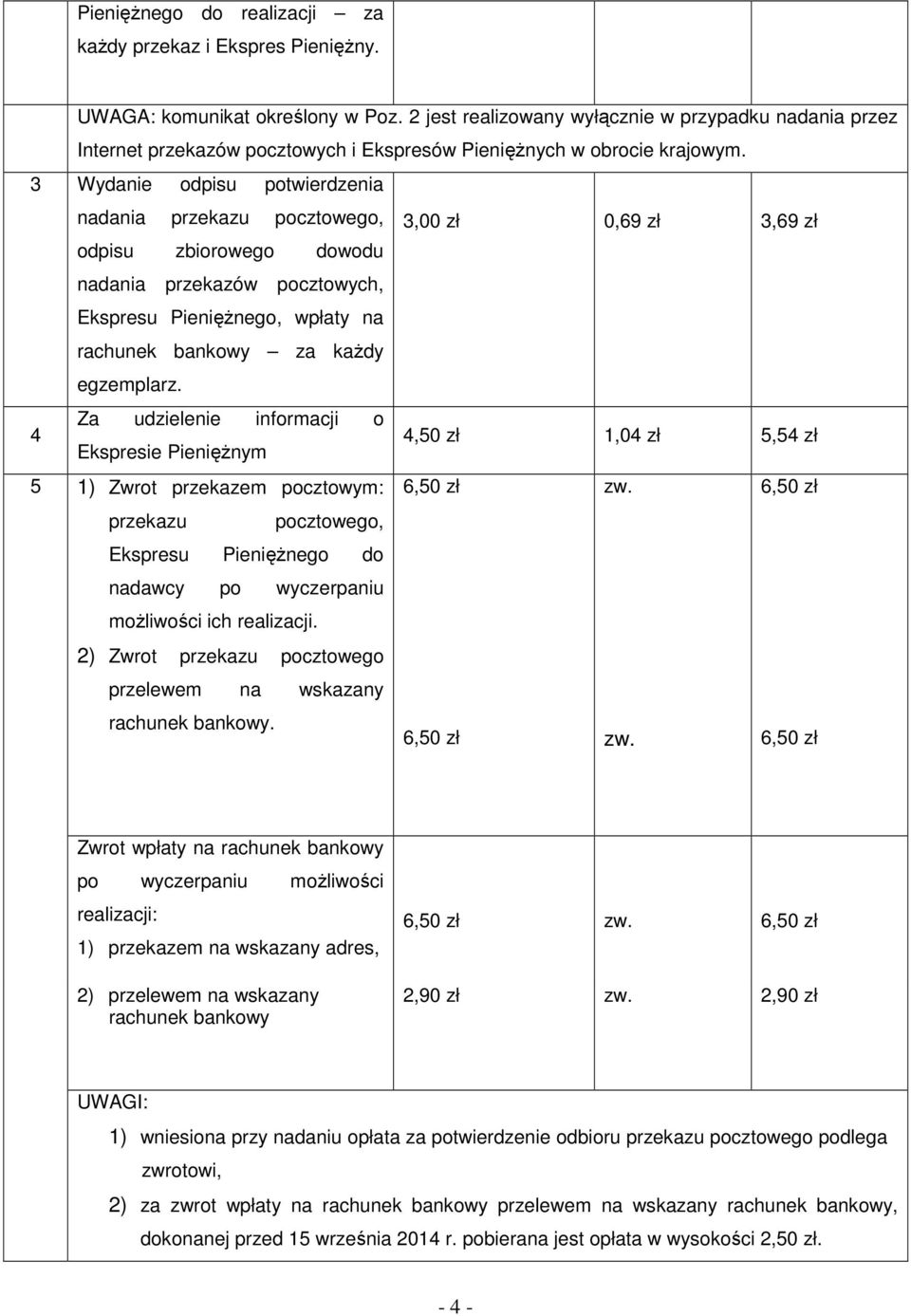 3 Wydanie odpisu potwierdzenia nadania przekazu pocztowego, 3,00 zł 0,69 zł 3,69 zł odpisu zbiorowego dowodu nadania przekazów pocztowych, Ekspresu PienięŜnego, wpłaty na rachunek bankowy za kaŝdy