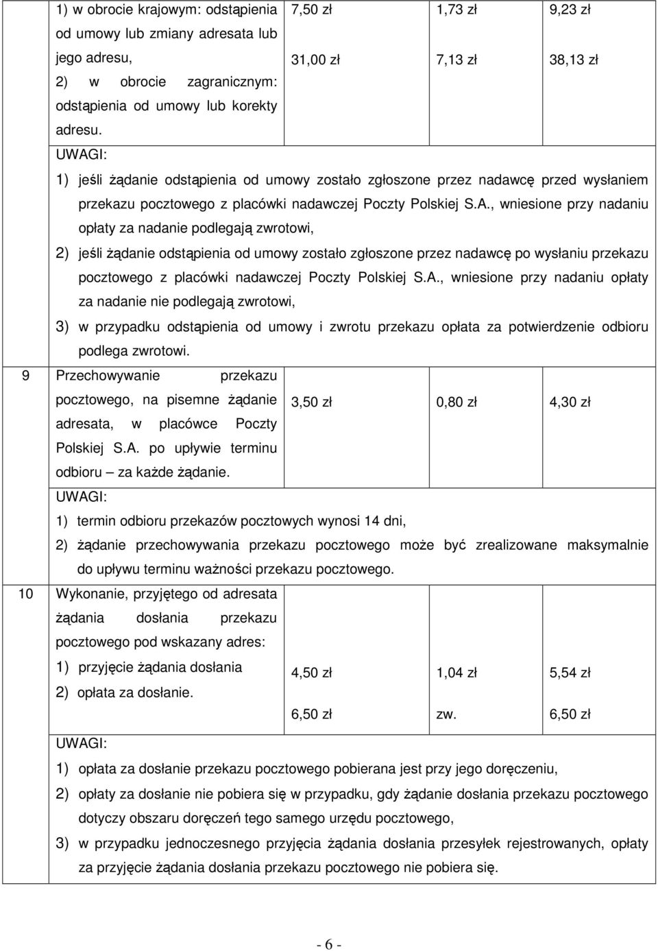 , wniesione przy nadaniu opłaty za nadanie podlegają zwrotowi, 2) jeśli Ŝądanie odstąpienia od umowy zostało zgłoszone przez nadawcę po wysłaniu przekazu pocztowego z placówki nadawczej Poczty