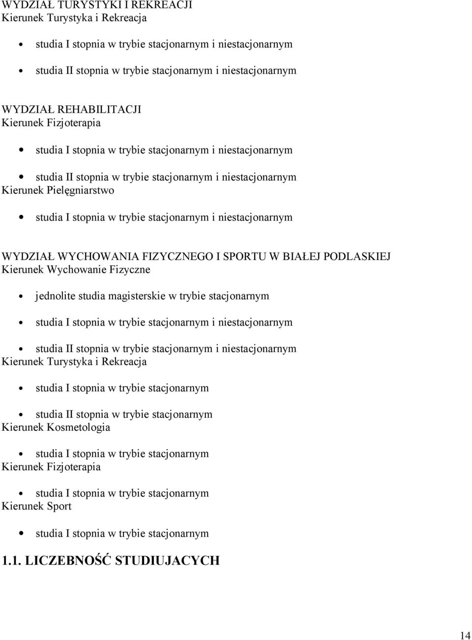 i niestacjonarnym WYDZIAŁ WYCHOWANIA FIZYCZNEGO I SPORTU W BIAŁEJ PODLASKIEJ Kierunek Wychowanie Fizyczne jednolite studia magisterskie w trybie stacjonarnym studia I stopnia w trybie stacjonarnym i