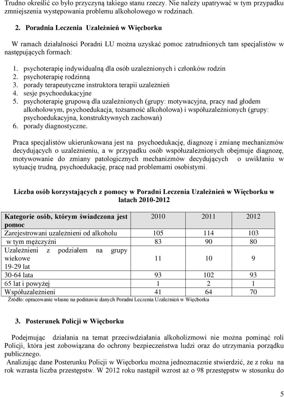 psychoterapię indywidualną dla osób uzależnionych i członków rodzin 2. psychoterapię rodzinną 3. porady terapeutyczne instruktora terapii uzależnień 4. sesje psychoedukacyjne 5.