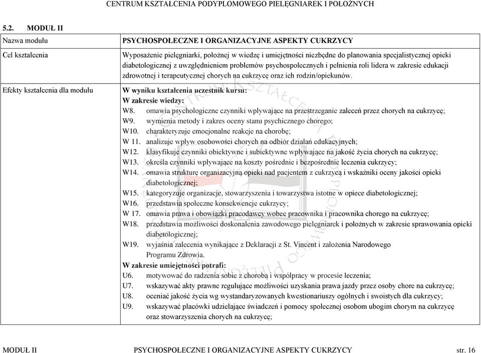 rodzin/opiekunów. W wyniku kształcenia uczestnik kursu: W zakresie wiedzy: W8. omawia psychologiczne czynniki wpływające na przestrzeganie zaleceń przez chorych na cukrzycę; W9.