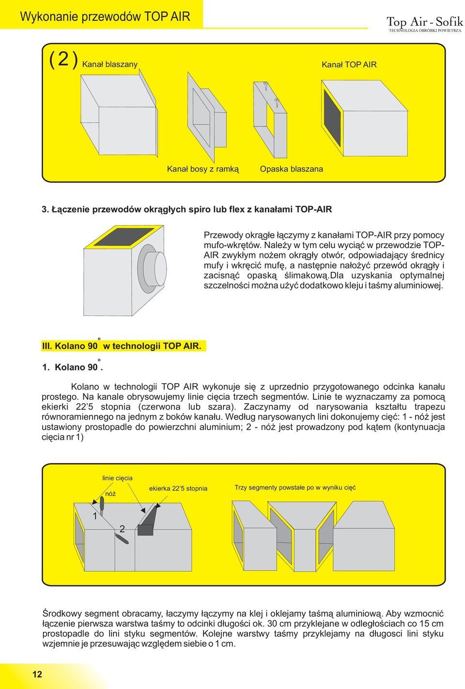 dla uzyskania optymalnej szczelnoœci mo na u yæ dodatkowo kleju i taœmy aluminiowej. o III. Kolano 90 w technologii TOP AIR. o 1. Kolano 90. Kolano w technologii TOP AIR wykonuje siê z uprzednio przygotowanego odcinka kana³u prostego.