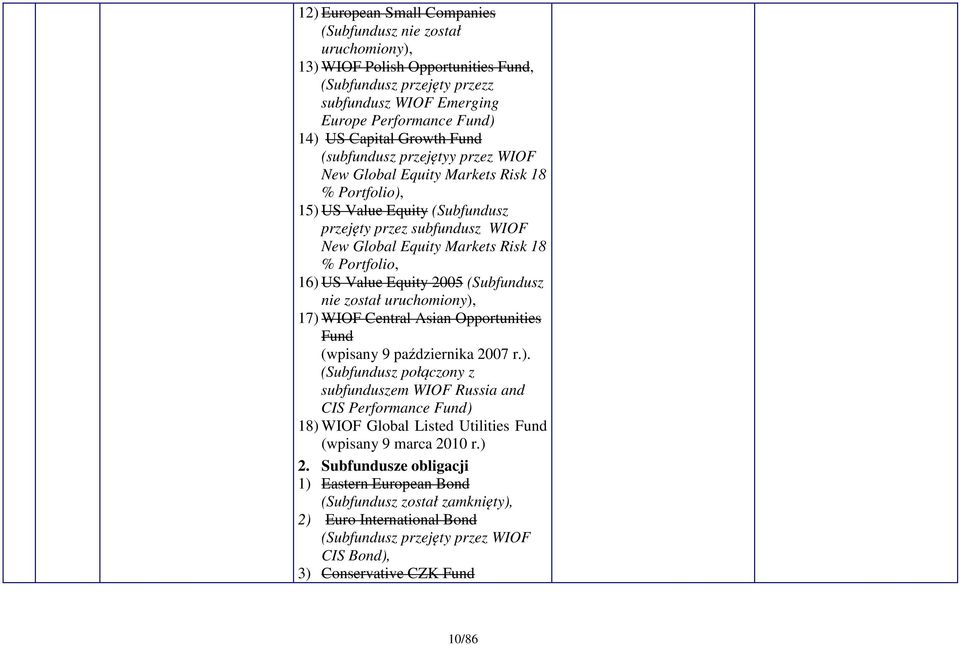 US Value Equity 2005 (Subfundusz nie został uruchomiony), 17) WIOF Central Asian Opportunities Fund (wpisany 9 października 2007 r.). (Subfundusz połączony z subfunduszem WIOF Russia and CIS Performance Fund) 18) WIOF Global Listed Utilities Fund (wpisany 9 marca 2010 r.