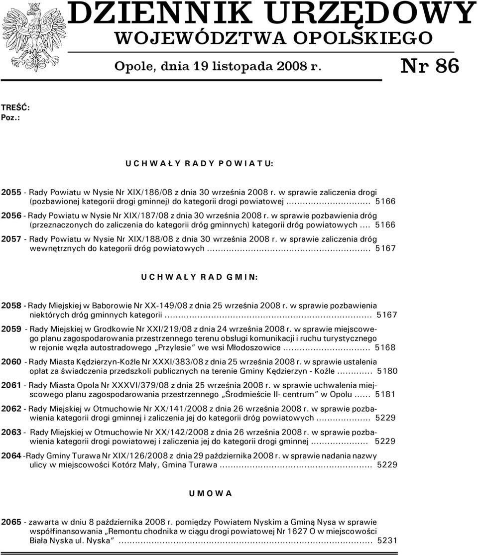 w sprawie pozbawienia dróg (przeznaczonych do zaliczenia do kategorii dróg gminnych) kategorii dróg powiatowych... 5166 2057 - Rady Powiatu w Nysie Nr XIX/188/08 z dnia 30 września 2008 r.