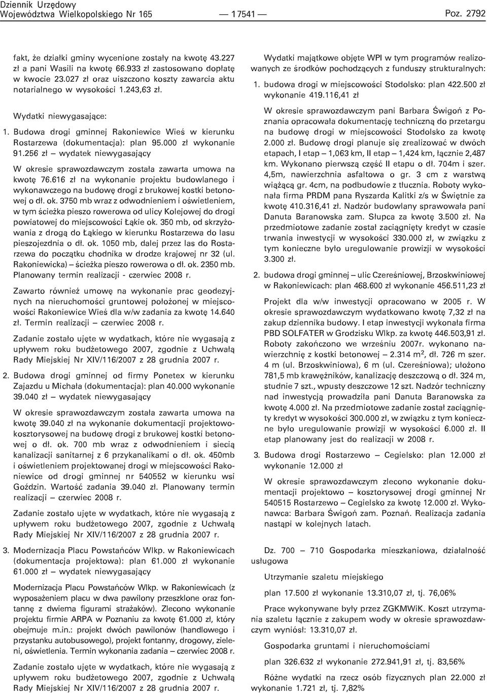 256 z³ wydatek niewygasaj¹cy W okresie sprawozdawczym zosta³a zawarta umowa na kwotê 76.616 z³ na wykonanie projektu budowlanego i wykonawczego na budowê drogi z brukowej kostki betonowej o d³. ok. 3750 mb wraz z odwodnieniem i oœwietleniem, w tym œcie ka pieszo rowerowa od ulicy Kolejowej do drogi powiatowej do miejscowoœci ¹kie ok.