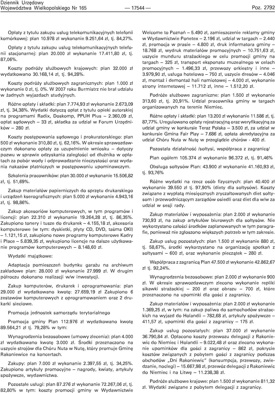 168,14 z³, tj. 94,28%. Koszty podró y s³u bowych zagranicznych: plan 1.000 z³ wykonanie 0 z³, tj. 0%. W 2007 roku Burmistrz nie bra³ udzia³u w adnych wyjazdach studyjnych.