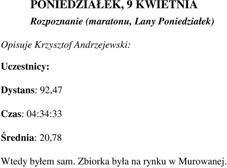 Uczestnicy: Dystans: 92,47 Czas: 04:34:33 Średnia: