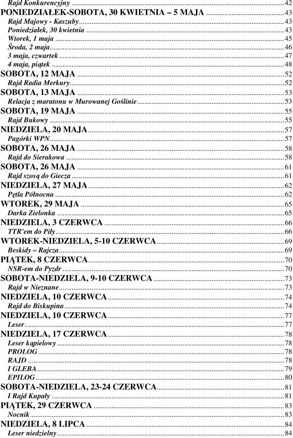 ..57 Pagórki WPN...57 SOBOTA, 26 MAJA...58 Rajd do Sierakowa...58 SOBOTA, 26 MAJA...61 Rajd szosą do Giecza...61 NIEDZIELA, 27 MAJA...62 Pętla Północna...62 WTOREK, 29 MAJA...65 Darka Zielonka.