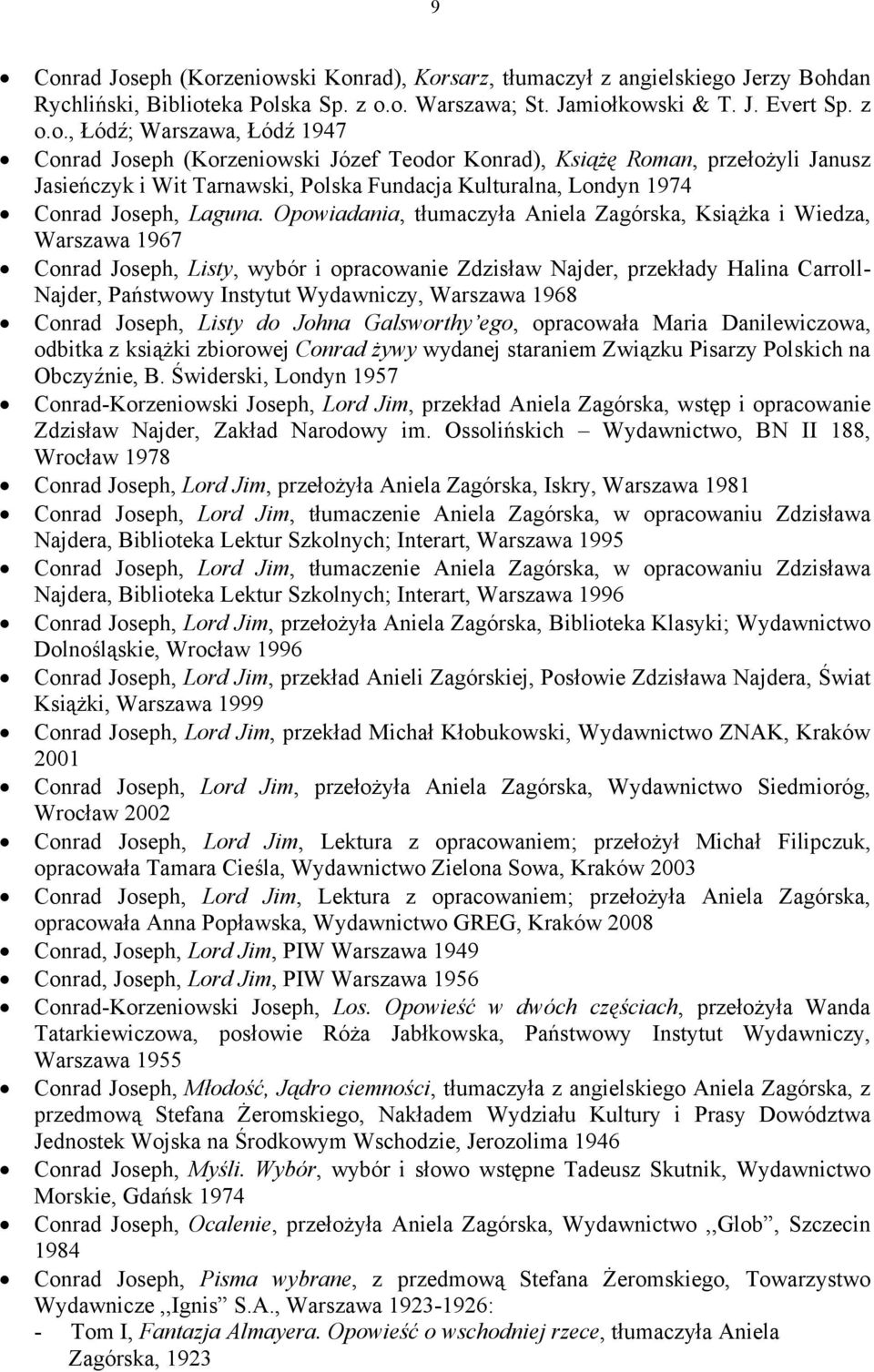 Opowiadania, tłumaczyła Aniela Zagórska, Książka i Wiedza, Warszawa 1967 Conrad Joseph, Listy, wybór i opracowanie Zdzisław Najder, przekłady Halina Carroll- Najder, Państwowy Instytut Wydawniczy,