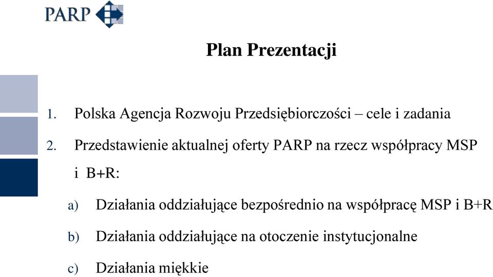 Przedstawienie aktualnej oferty PARP na rzecz współpracy MSP i B+R: a)