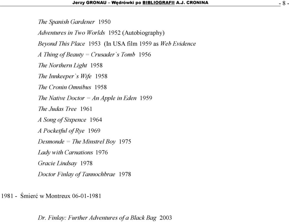 Native Doctor = An Apple in Eden 1959 The Judas Tree 1961 A Song of Sixpence 1964 A Pocketful of Rye 1969 Desmonde = The Minstrel Boy 1975 Lady with