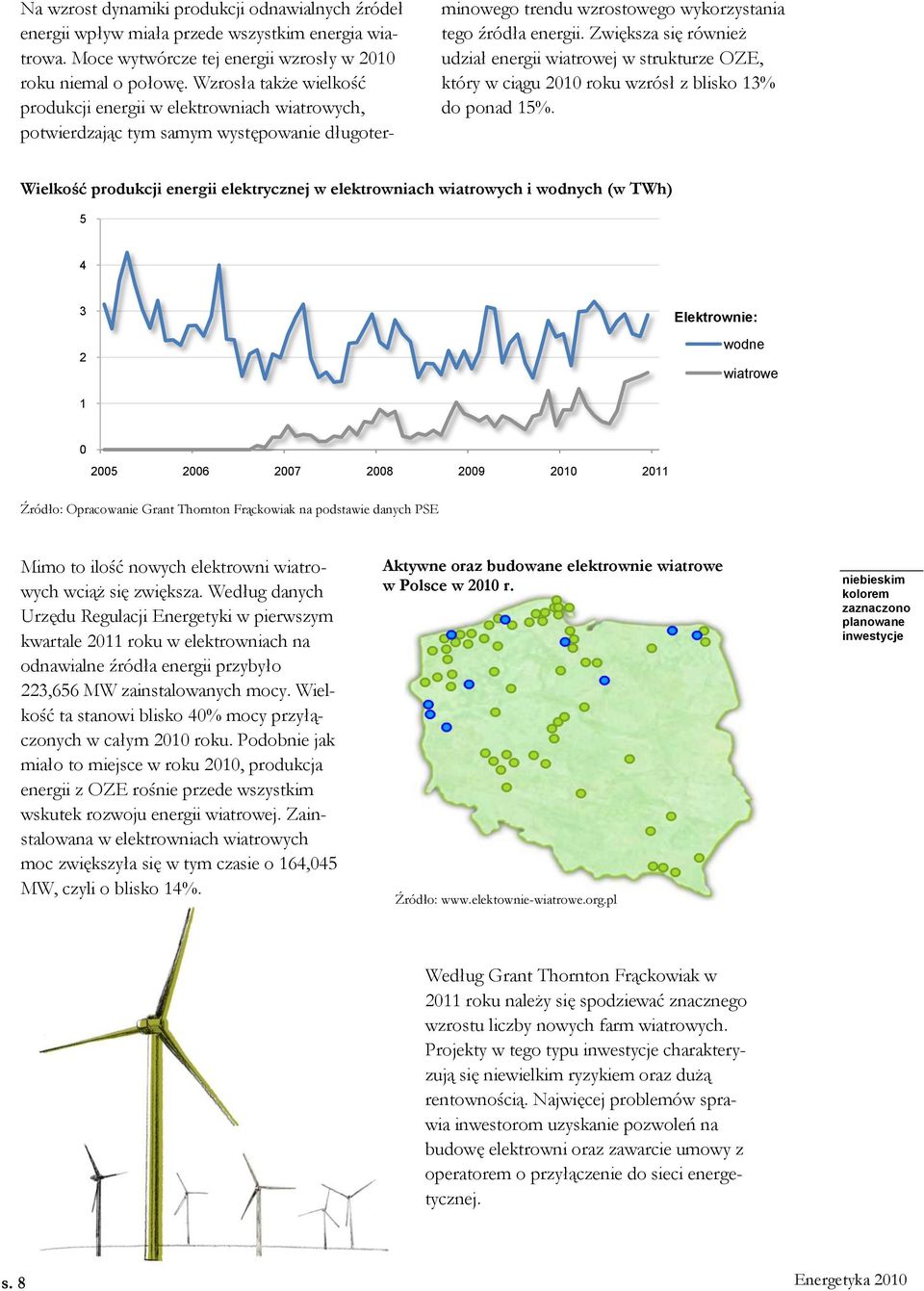 Zwiększa się również udział energii wiatrowej w strukturze OZE, który w ciągu 2010 roku wzrósł z blisko 13% do ponad 15%.