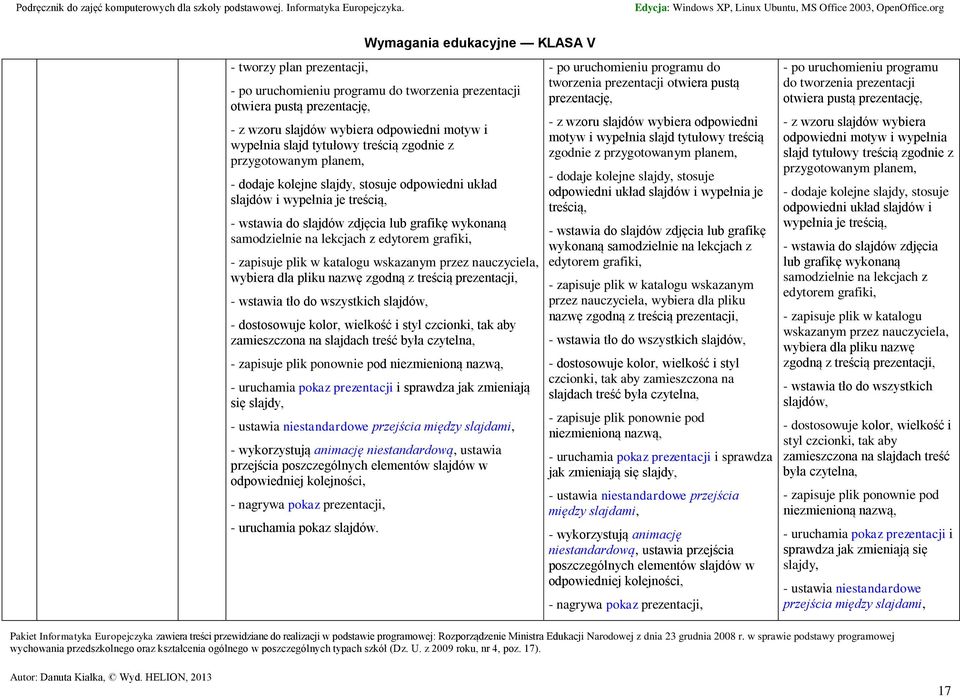 zapisuje plik w katalogu wskazanym przez nauczyciela, wybiera dla pliku nazwę zgodną z treścią prezentacji, - wstawia tło do wszystkich slajdów, - dostosowuje kolor, wielkość i styl czcionki, tak aby