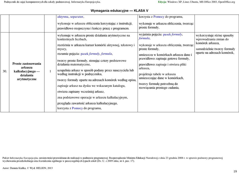 Proste zastosowania arkusza kalkulacyjnego działania arytmetyczne wykonuje w arkuszu proste działania arytmetyczne na konkretnych liczbach, rozróżnia w arkuszu kursor komórki aktywnej, tekstowy i