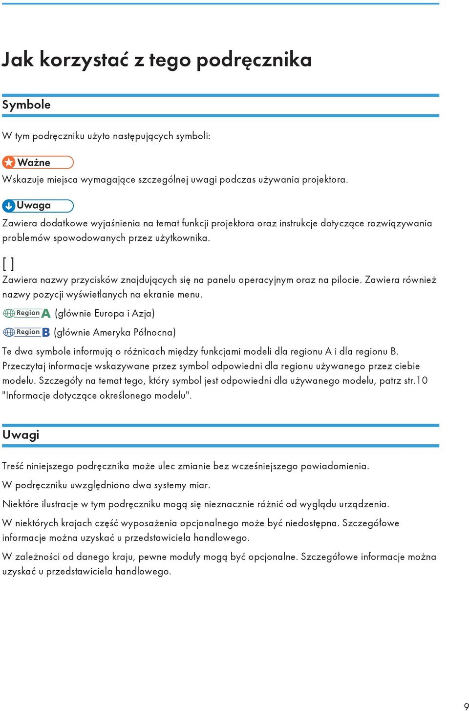 [ ] Zawiera nazwy przycisków znajdujących się na panelu operacyjnym oraz na pilocie. Zawiera również nazwy pozycji wyświetlanych na ekranie menu.