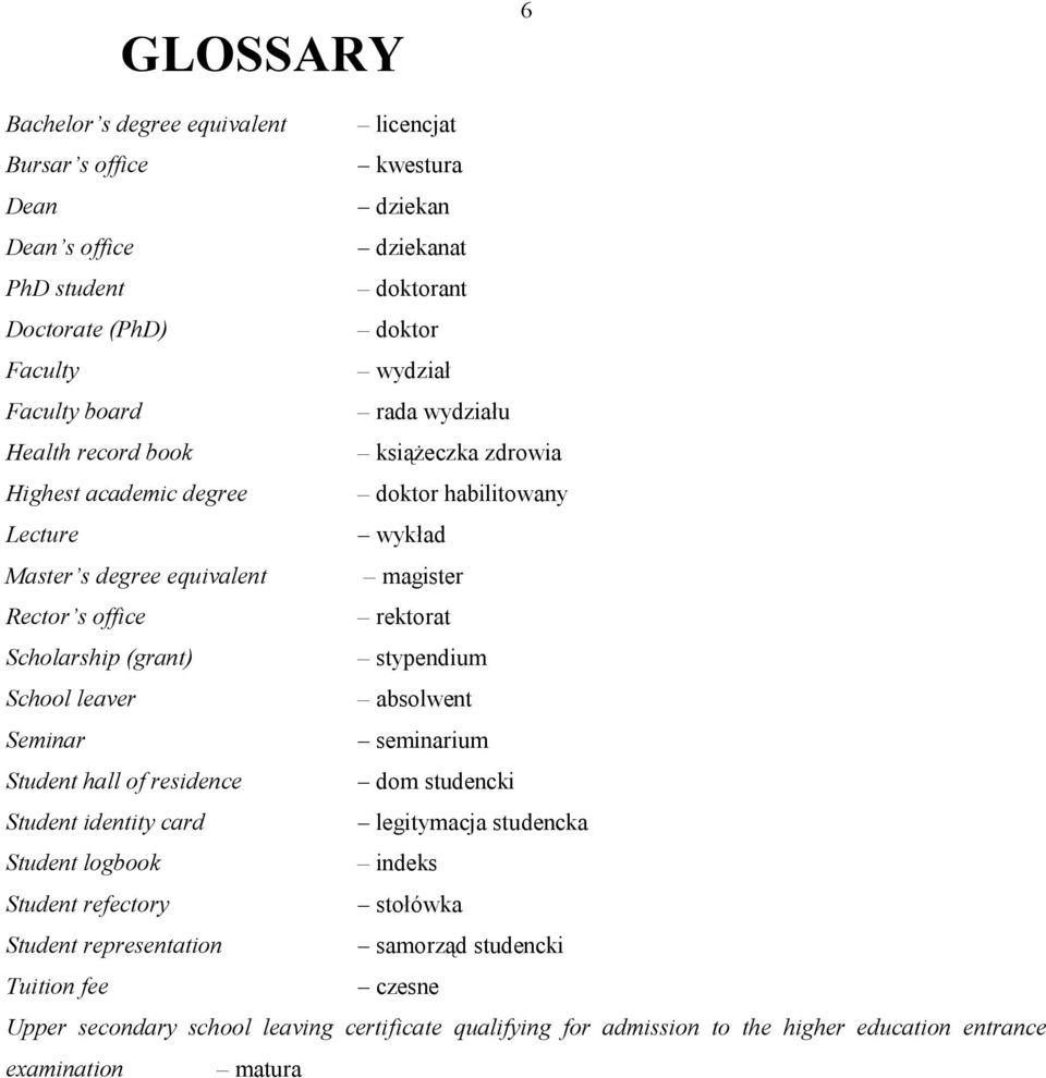 (grant) stypendium School leaver absolwent Seminar seminarium Student hall of residence dom studencki Student identity card legitymacja studencka Student logbook indeks Student refectory
