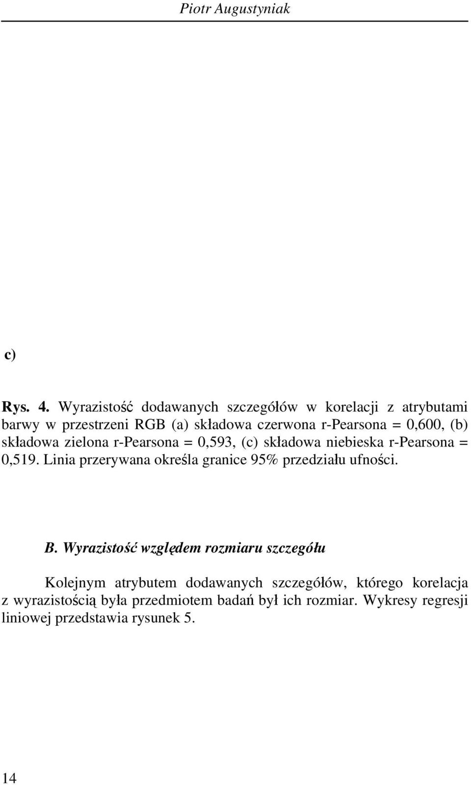 (b) składowa zielona r-pearsona = 0,593, (c) składowa niebieska r-pearsona = 0,519.