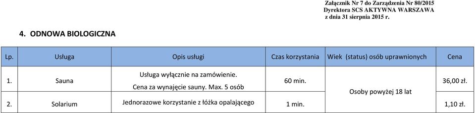 Cena Usługa wyłącznie na zamówienie. 1. Sauna 36,00 zł.
