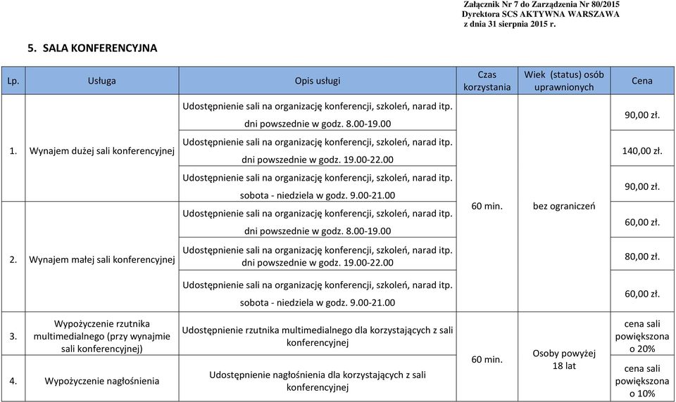 00 Udostępnienie sali na organizację konferencji, szkoleń, narad itp. sobota - niedziela w godz. 9.00-21.00 Udostępnienie sali na organizację konferencji, szkoleń, narad itp. 00 Udostępnienie sali na organizację konferencji, szkoleń, narad itp.