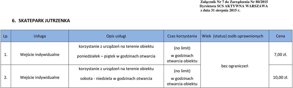 Wejście indywidualne korzystanie z urządzeń na terenie obiektu poniedziałek piątek w godzinach