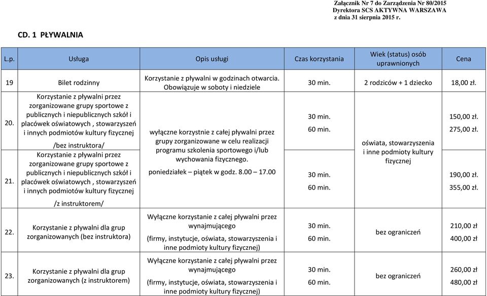 z pływalni przez zorganizowane grupy sportowe z publicznych i niepublicznych szkół i placówek oświatowych, stowarzyszeń i innych podmiotów kultury fizycznej /z instruktorem/ Korzystanie z pływalni