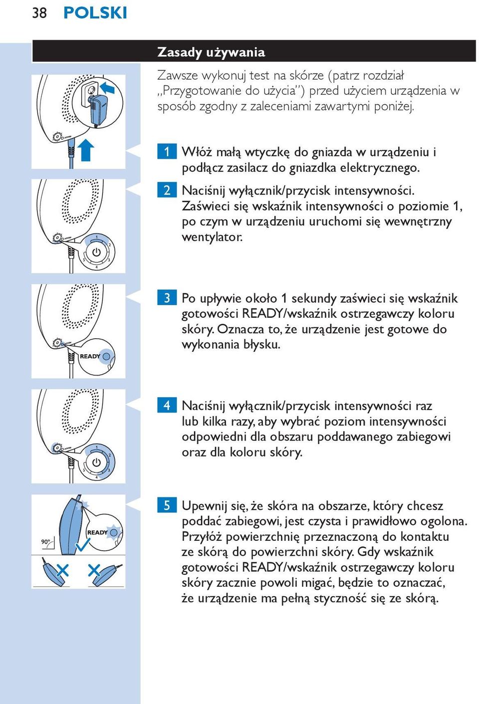 Zaświeci się wskaźnik intensywności o poziomie 1, po czym w urządzeniu uruchomi się wewnętrzny wentylator.