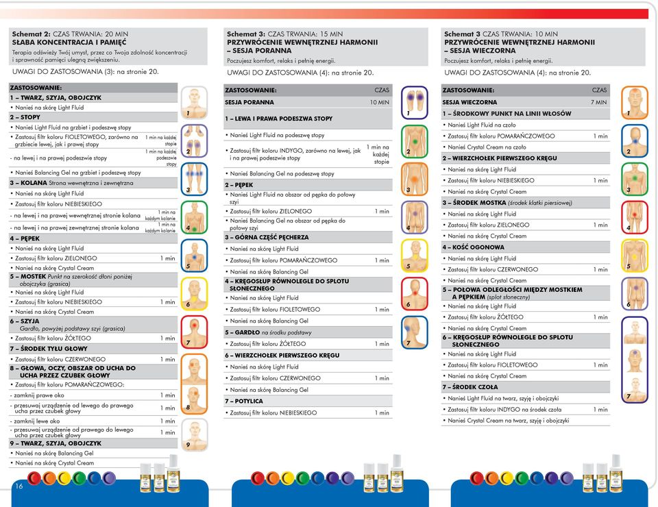 Schemat CZAS TRWANIA: 0 MIN PRZYWRÓCENIE WEWNĘTRZNEJ HARMONII SESJA wieczorna Poczujesz komfort, relaks i pełnię energii. UWAGI DO ZASTOSOWANIA (): na stronie 0.