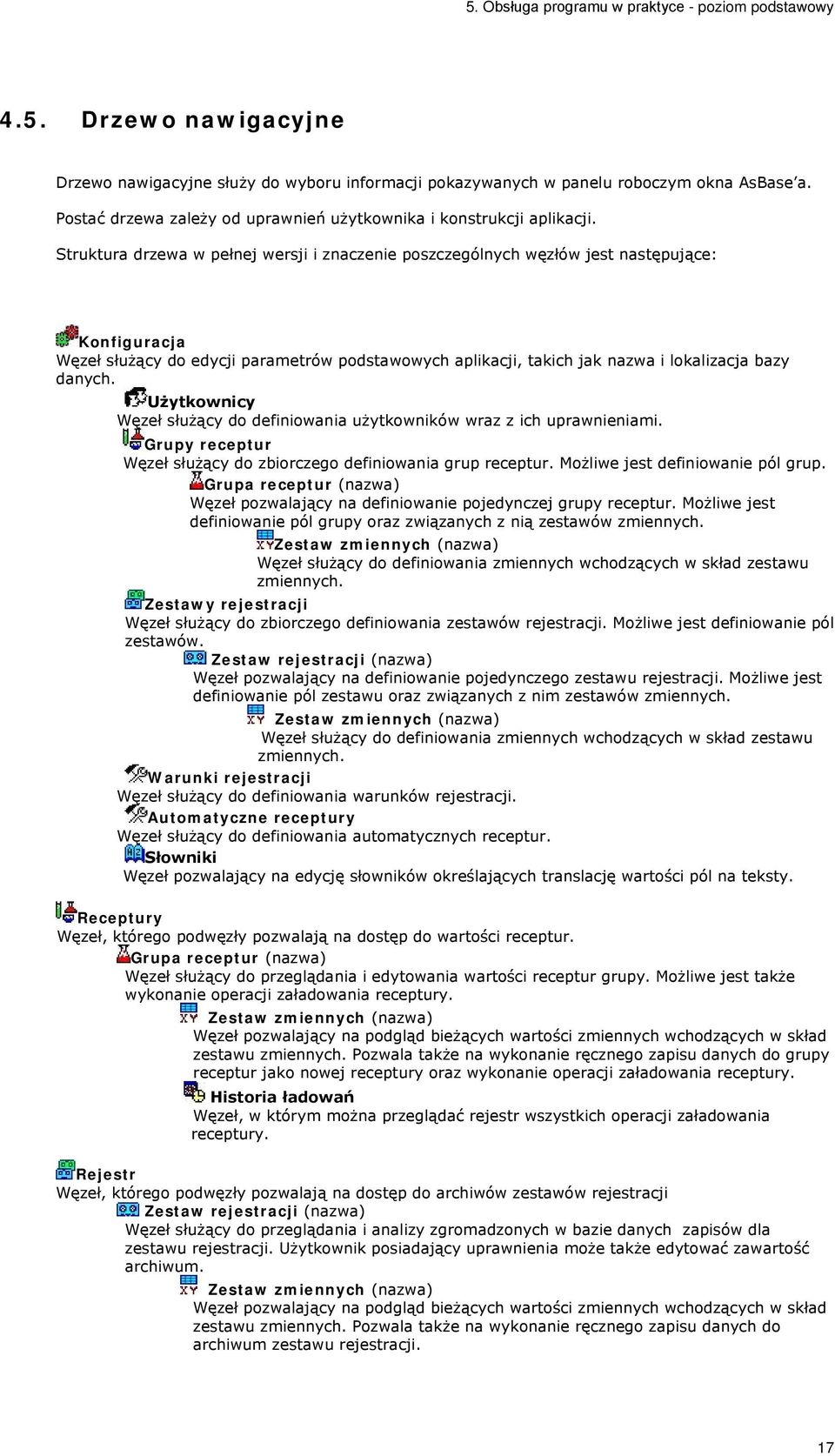 Struktura drzewa w pełnej wersji i znaczenie poszczególnych węzłów jest następujące: Konfiguracja Węzeł służący do edycji parametrów podstawowych aplikacji, takich jak nazwa i lokalizacja bazy danych.