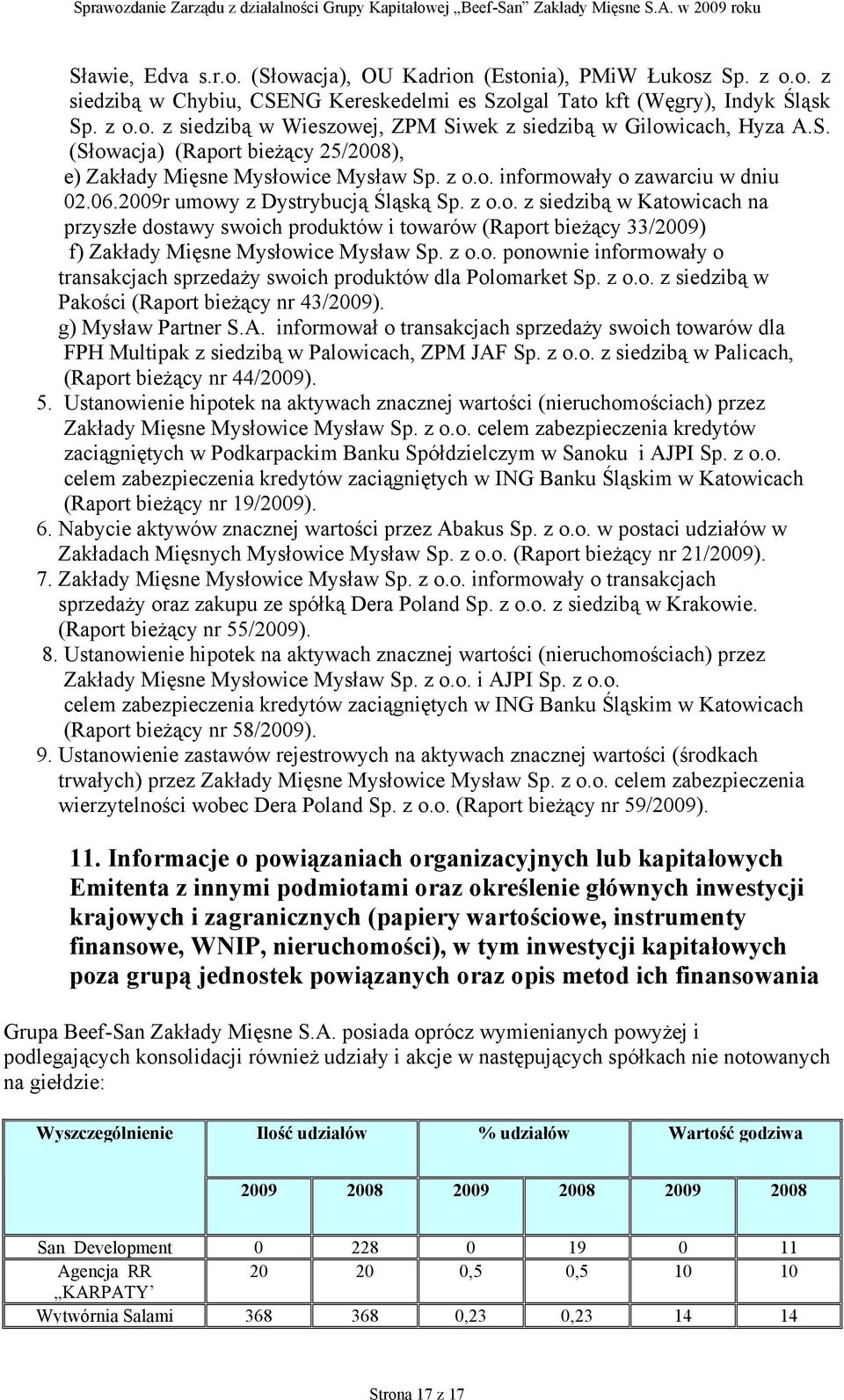 z o.o. ponownie informowały o transakcjach sprzedaży swoich produktów dla Polomarket Sp. z o.o. z siedzibą w Pakości (Raport bieżący nr 43/2009). g) Mysław Partner S.A.