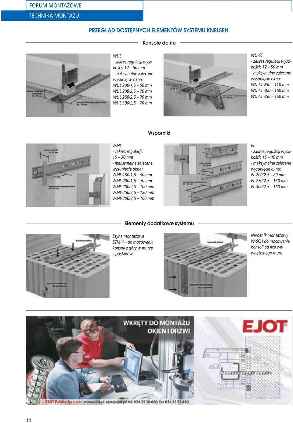 regulacji: 15 30 mm - maksymalne zalecane wysunięcie okna: WML-150/1,5 50 mm WML-200/1,5 70 mm WML-200/2,5 100 mm WML-250/2,5 120 mm WML-300/2,5 160 mm EL - zakres regulacji wysokości: 15 40 mm -
