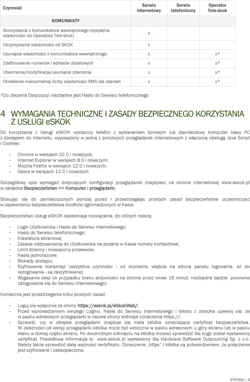 dla zdarzeń x x* *Do zlecania Dyspozycji niezbędne jest Hasło do Serwisu telefonicznego 4 WYMAGANIA TECHNICZNE I ZASADY BEZPIECZNEGO KORZYSTANIA Z USŁUGI eskok Do korzystania z Usługi eskok wystarczy