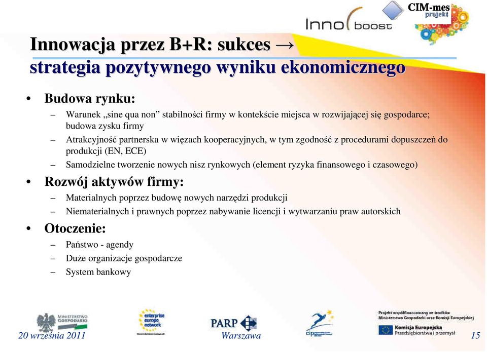 Samodzielne tworzenie nowych nisz rynkowych (element ryzyka finansowego i czasowego) Rozwój aktywów firmy: Materialnych poprzez budowę nowych narzędzi produkcji