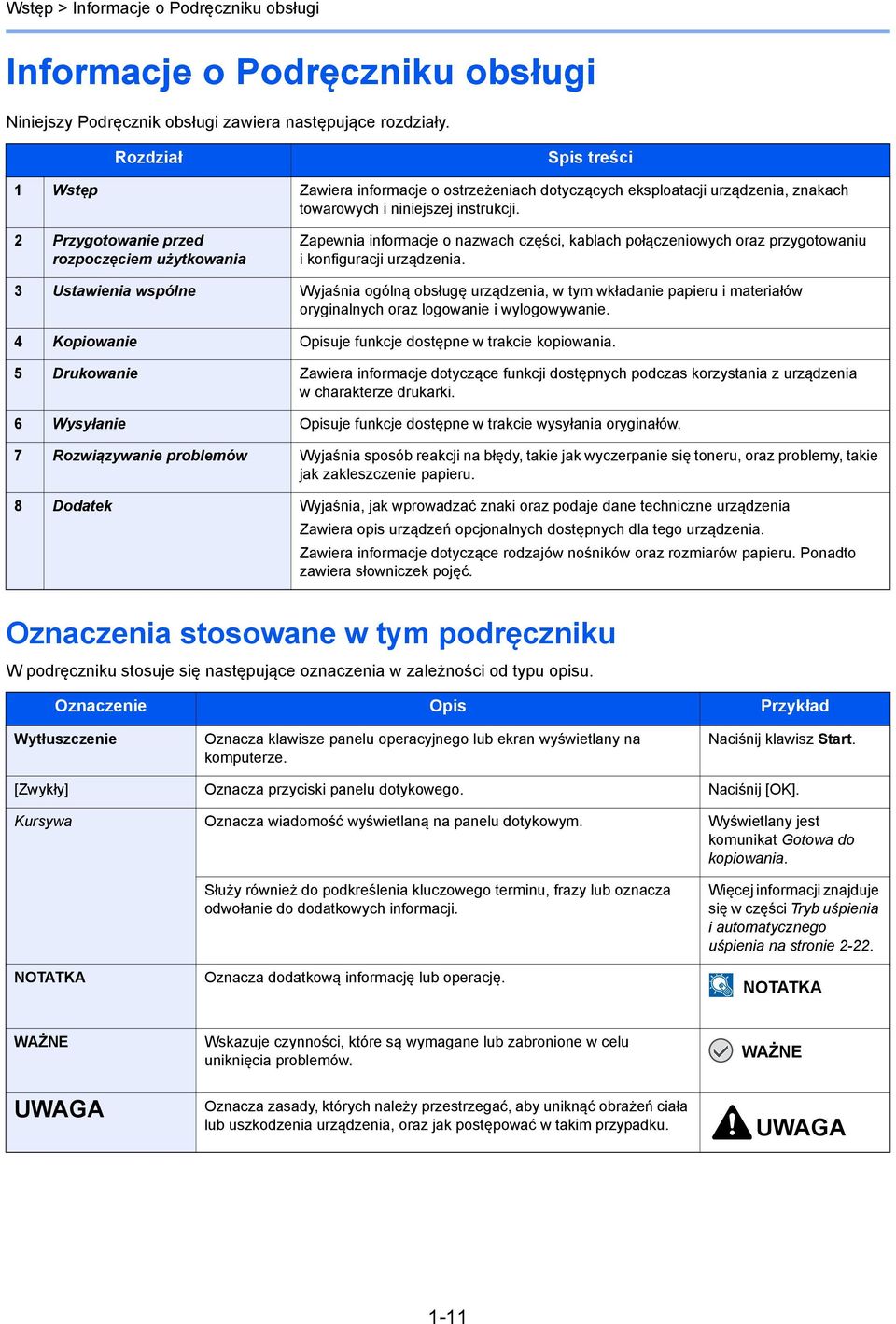 Przygotowanie przed rozpoczęciem użytkowania Zapewnia informacje o nazwach części, kablach połączeniowych oraz przygotowaniu i konfiguracji urządzenia.