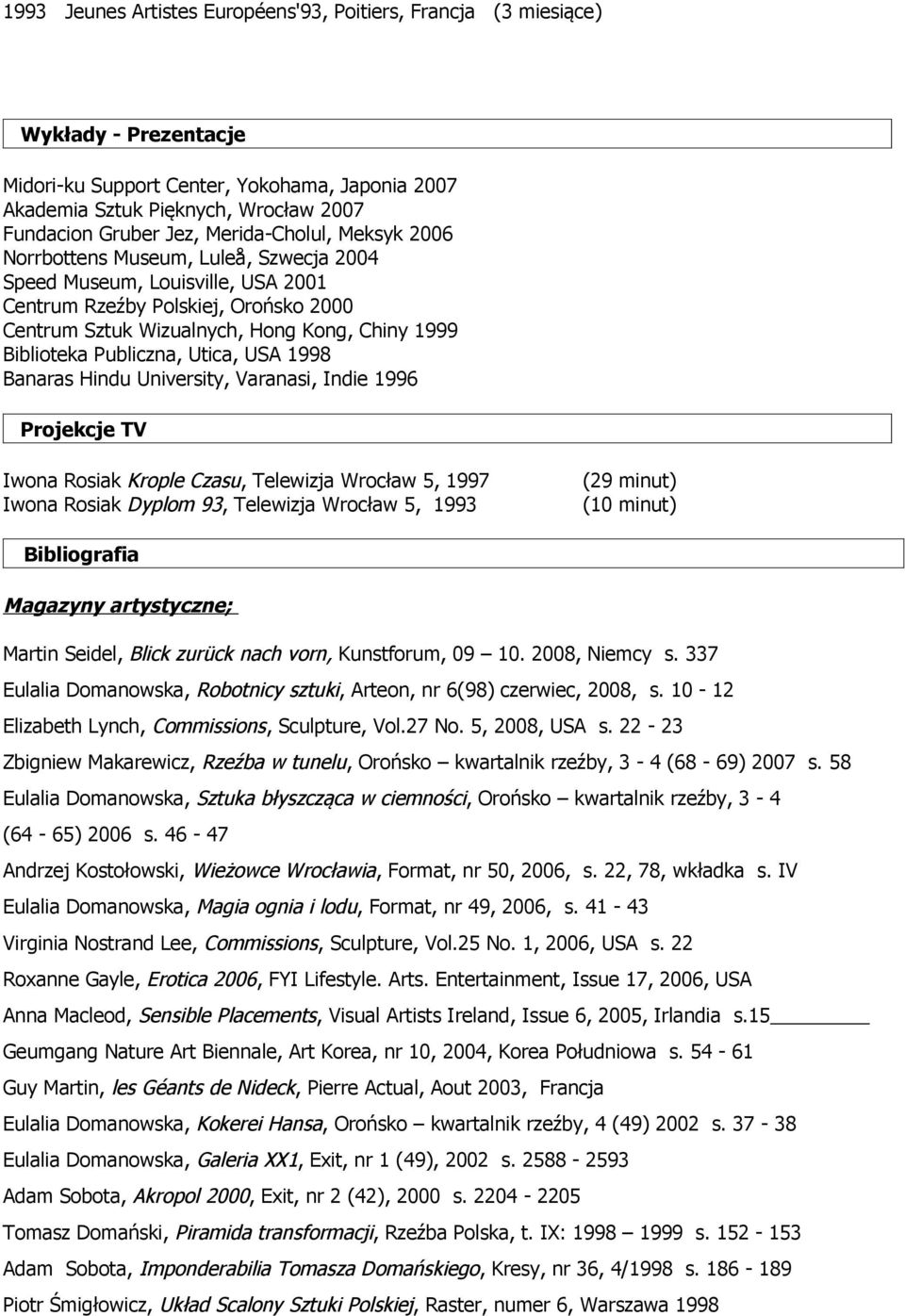 Publiczna, Utica, USA 1998 Banaras Hindu University, Varanasi, Indie 1996 Projekcje TV Iwona Rosiak Krople Czasu, Telewizja Wrocław 5, 1997 Iwona Rosiak Dyplom 93, Telewizja Wrocław 5, 1993 (29