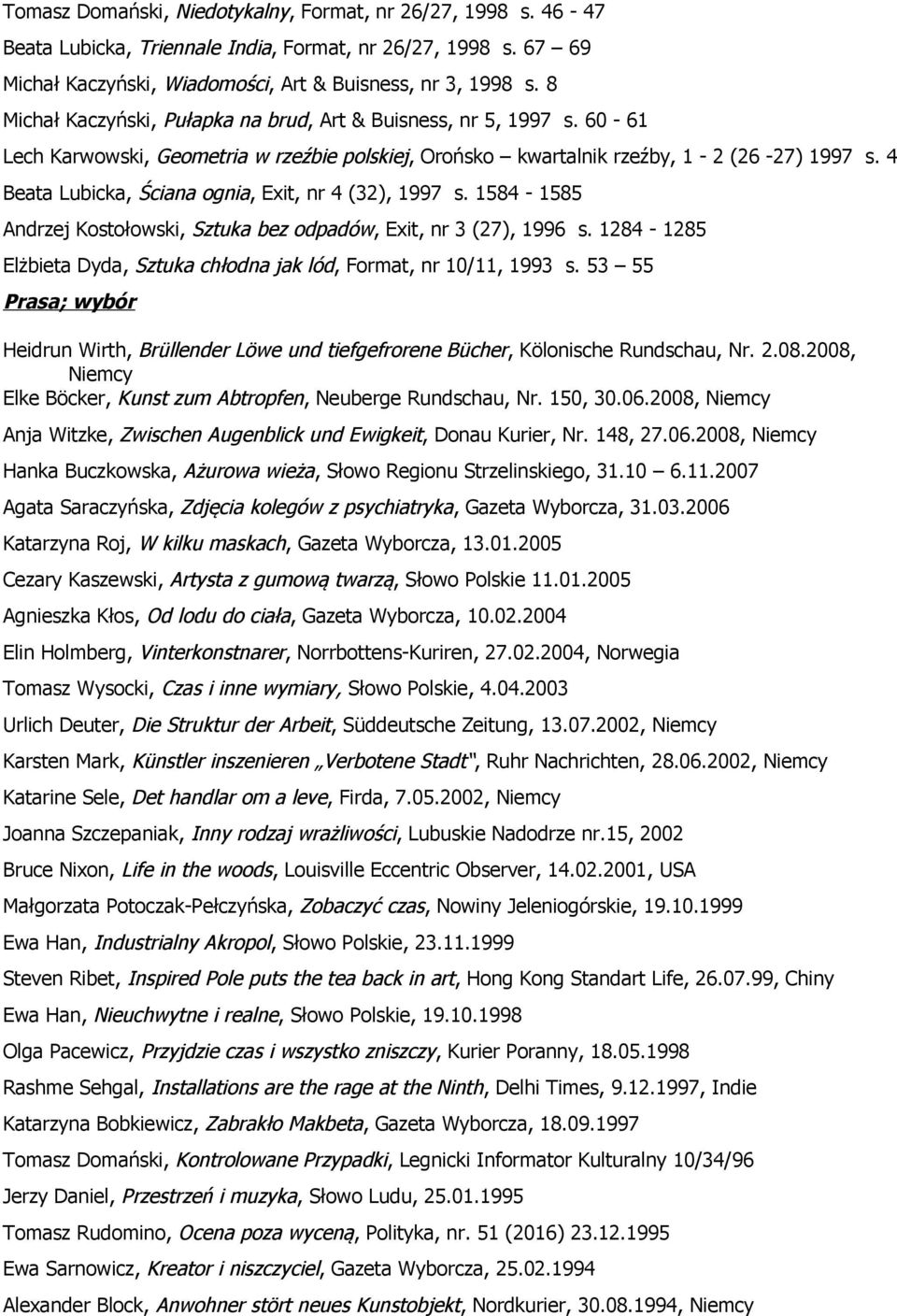 4 Beata Lubicka, Ściana ognia, Exit, nr 4 (32), 1997 s. 1584-1585 Andrzej Kostołowski, Sztuka bez odpadów, Exit, nr 3 (27), 1996 s.