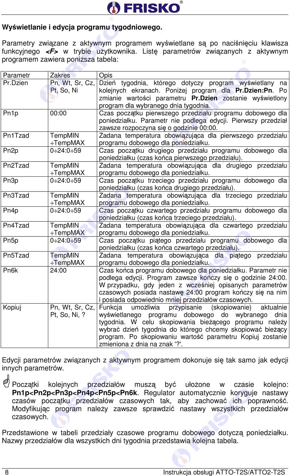 Dzien Pn, Wt, Sr, Cz, Pt, So, Ni Dzień tygodnia, którego dotyczy program wyświetlany na kolejnych ekranach. Poniżej program dla Pr.Dzien:Pn. Po zmianie wartości parametru Pr.